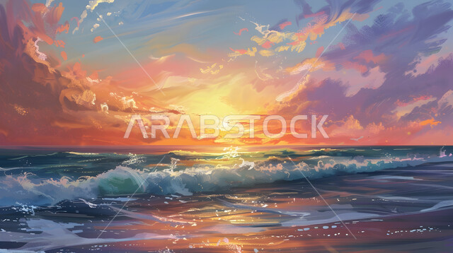 الاستجمام والاستمتاع بالأجواء الهادئة وقت غروب الشمس فوق البحر, أماكن السياحة الطبيعية في المملكة العربية السعودية, تدفق مياه البحر الصافية على رمال الشاطئ الذهبي, وجهات جذب السياح والزوار من حول العالم, خلفية السماء الملبدة بالغيوم المتداخلة مع أشعة الشمس