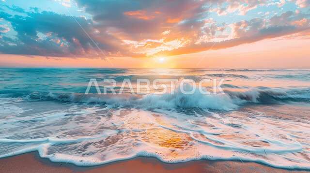 الاستجمام والاستمتاع بالأجواء الهادئة وقت غروب الشمس فوق البحر, أماكن السياحة الطبيعية في المملكة العربية السعودية, تدفق مياه البحر الصافية على رمال الشاطئ الذهبي, وجهات جذب السياح والزوار من حول العالم, خلفية السماء الملبدة بالغيوم المتداخلة مع أشعة الشمس