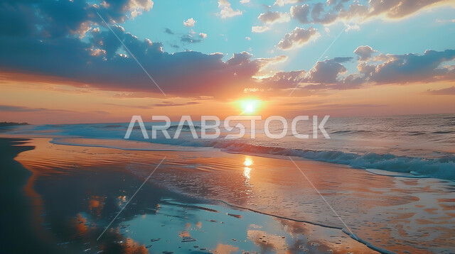 الاستجمام والاستمتاع بالأجواء الهادئة وقت غروب الشمس فوق البحر, أماكن السياحة الطبيعية في المملكة العربية السعودية, تدفق مياه البحر الصافية على رمال الشاطئ الذهبي, وجهات جذب السياح والزوار من حول العالم, خلفية السماء الملبدة بالغيوم المتداخلة مع أشعة الشمس