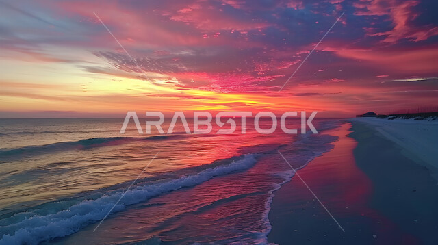 الاستجمام والاستمتاع بالأجواء الهادئة وقت غروب الشمس فوق البحر, أماكن السياحة الطبيعية في المملكة العربية السعودية, تدفق مياه البحر الصافية على رمال الشاطئ الذهبي, وجهات جذب السياح والزوار من حول العالم, خلفية السماء الملبدة بالغيوم المتداخلة مع أشعة الشمس