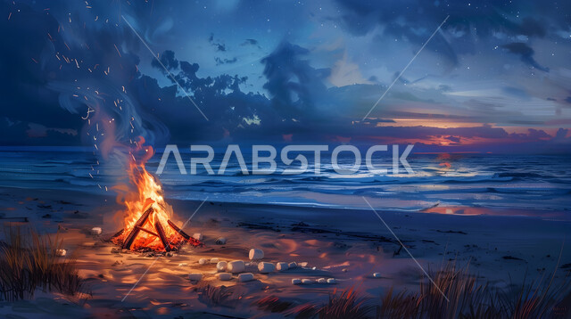 إشعال النار باستخدام الحطب والاستمتاع بالأجواء الهادئة وقت غروب الشمس على شاطئ البحر, أماكن السياحة الطبيعية في المملكة العربية السعودية, تدفق مياه البحر الصافية على رمال الشاطئ الذهبي, وجهات جذب السياح والزوار من حول العالم, خلفية السماء الملبدة مالغيوم