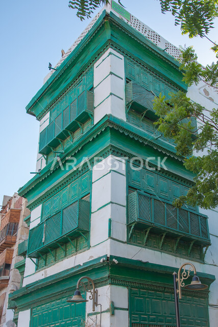 التصميم المعماري القديم للأحياء الشعبية, المباني التراثية المبنية على الطراز التاريخي, صورة مقربة للجمعية السعودية للفنون التشكيلية, الأشجار والنباتات الخضراء, معالم سياحية مشهورة, أكاديمية جده للفنون