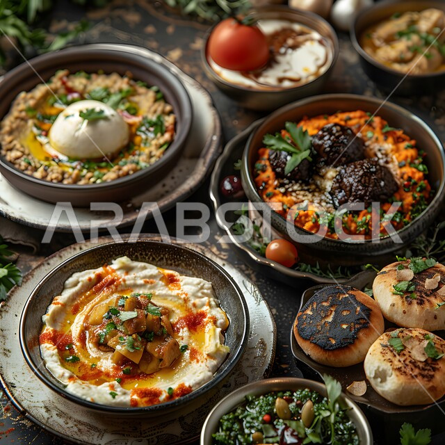 Oriental food recipes, picture of a table full of Mediterranean appetizers, oriental cuisine in Saudi Arabia restaurants, the art of serving and preparing meals, the concept of arranging and decorating food, healthy popular dishes