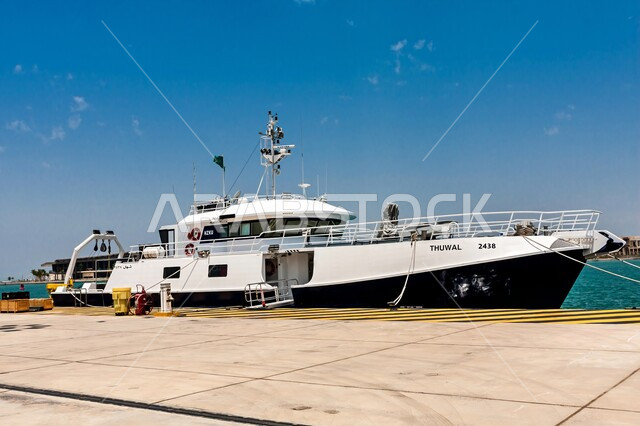 سفينة الاستكشاف التابعة لجامعة الملك عبدالله للعلوم والتقنية في ثول راسية على الرصيف, محيط الميناء البحري في جدة, المعالم المشهورة في المملكة العربية السعودية