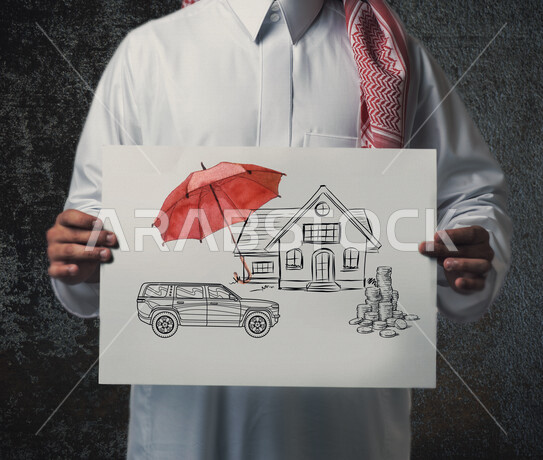 A close-up of a Saudi Arabian Gulf man holding a white board containing sketches of a house, car, money and money, indicating the benefits and financial profits, the costs of tourist trips, a financial advisor