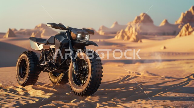 ممارسة رياضة التطعيس في صحراء المملكة العربية السعودية، صورة مقربة لدراجة نارية في الصحارى، دمج الفعاليات الرياضية بالثقافة السياحية، الدراجات النارية السريعة في المناطق الصحراوية، تضاريس وكثبان رملية ذهبية، الأنشطة الترفيهية والتحديات الحماسية، خلفية طبيعية 