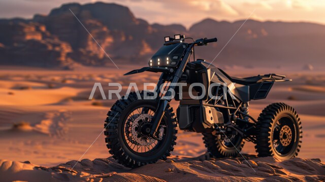 ممارسة رياضة التطعيس في صحراء المملكة العربية السعودية، صورة مقربة لدراجة نارية في الصحارى، دمج الفعاليات الرياضية بالثقافة السياحية، الدراجات النارية السريعة في المناطق الصحراوية، تضاريس وكثبان رملية ذهبية، الأنشطة الترفيهية والتحديات الحماسية، خلفية طبيعية 