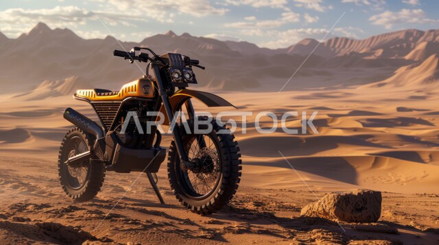 ممارسة رياضة التطعيس في صحراء المملكة العربية السعودية، صورة مقربة لدراجة نارية في الصحارى، دمج الفعاليات الرياضية بالثقافة السياحية، الدراجات النارية السريعة في المناطق الصحراوية، تضاريس وكثبان رملية ذهبية، الأنشطة الترفيهية والتحديات الحماسية، خلفية طبيعية 