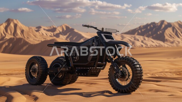 ممارسة رياضة التطعيس في صحراء المملكة العربية السعودية، صورة مقربة لدراجة نارية في الصحارى، دمج الفعاليات الرياضية بالثقافة السياحية، الدراجات النارية السريعة في المناطق الصحراوية، تضاريس وكثبان رملية ذهبية، الأنشطة الترفيهية والتحديات الحماسية، خلفية طبيعية 