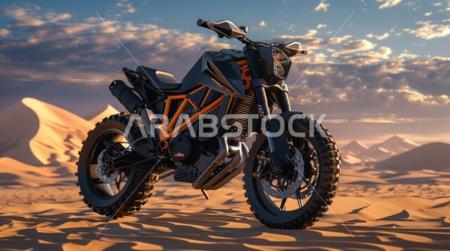 الدراجات النارية السريعة في المناطق الصحراوية، ممارسة رياضة التطعيس في صحراء المملكة العربية السعودية، صورة مقربة لدراجة نارية في الصحارى، دمج الفعاليات الرياضية بالثقافة السياحية، تضاريس وكثبان رملية ذهبية، الأنشطة الترفيهية والتحديات الحماسية، خلفية طبيعية 