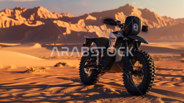 الدراجات النارية السريعة في المناطق الصحراوية، ممارسة رياضة التطعيس في صحراء المملكة العربية السعودية، صورة مقربة لدراجة نارية في الصحارى، دمج الفعاليات الرياضية بالثقافة السياحية، تضاريس وكثبان رملية ذهبية، الأنشطة الترفيهية والتحديات الحماسية، خلفية طبيعية 