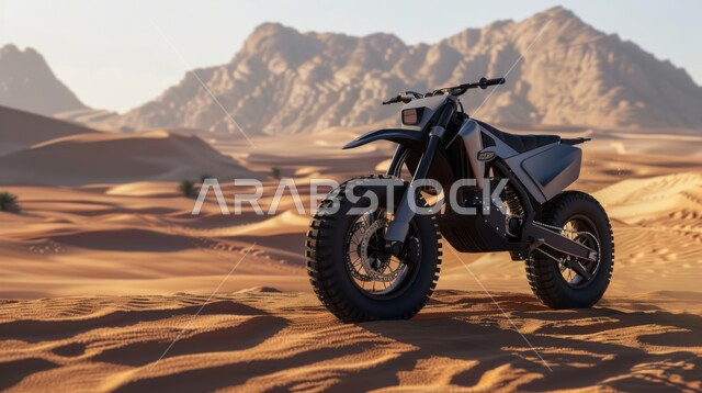 الدراجات النارية السريعة في المناطق الصحراوية، ممارسة رياضة التطعيس في صحراء المملكة العربية السعودية، صورة مقربة لدراجة نارية في الصحارى، دمج الفعاليات الرياضية بالثقافة السياحية، تضاريس وكثبان رملية ذهبية، الأنشطة الترفيهية والتحديات الحماسية، خلفية طبيعية 