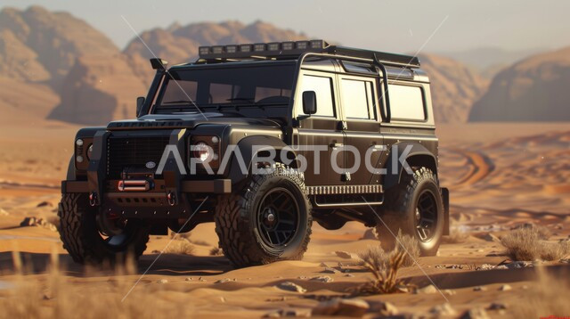 الأنشطة الترفيهية لقيادة السيارات في المناطق الصحراوية، مغامرة سفاري على الكثبان الرملية في المملكة العربية السعودية , صورة مقربة لسيارة الدفع الرباعي الجبلية على رمال الصحراء الذهبية الناعمة، التلال الرملية والتشكيلات والتكوينات الصخرية في الصحارى العربية