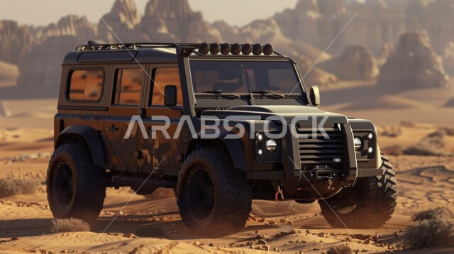 Desert driving fun activities, dune safari adventure in Saudi Arabia, close up of 4x4 mountain vehicle on soft golden desert sand, sand dunes, formations and rock formations in Arabian deserts