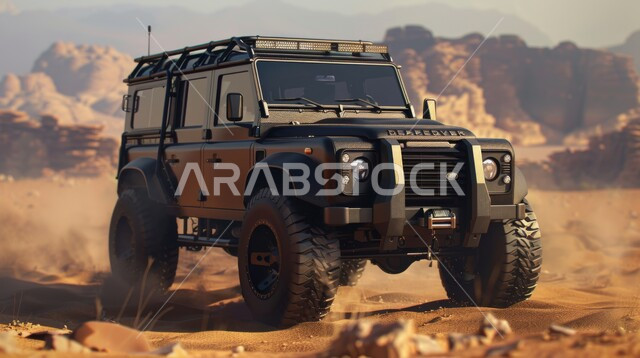 الأنشطة الترفيهية لقيادة السيارات في المناطق الصحراوية، مغامرة سفاري على الكثبان الرملية في المملكة العربية السعودية , صورة مقربة لسيارة الدفع الرباعي الجبلية على رمال الصحراء الذهبية الناعمة، التلال الرملية والتشكيلات والتكوينات الصخرية في الصحارى العربية
