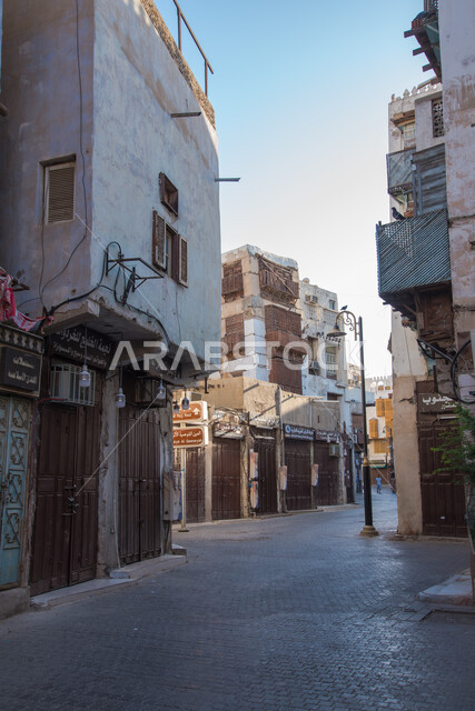 Architectural design based on the Islamic heritage style, famous tourist places and landmarks, houses and popular neighborhoods in the city of Jeddah in the Kingdom of Saudi Arabia, the ancient historical archaeological country