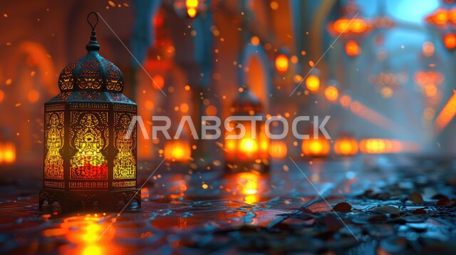 تحف تقليدية للاحتفال بقدوم شهر الخير، فوانيس معدنية مزخرفة مضيئة على الأرض، تصاميم وديكورات على الطراز العربي الإسلامي، الأجواء الرمضانية الروحانية، أنوار ومصابيح عربية تقليدية, مفهوم العبادة والطاعة والتقرب من الله