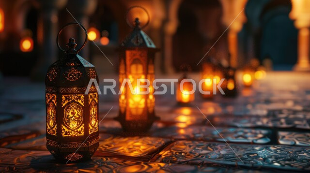 Decorative metal lanterns illuminated on the floor, traditional artifacts to celebrate the arrival of the month of goodness, designs and decorations in the Arab Islamic style, the spiritual atmosphere of Ramadan, traditional Arab lights and lamps, the concept of worship, obedience and getting closer to God