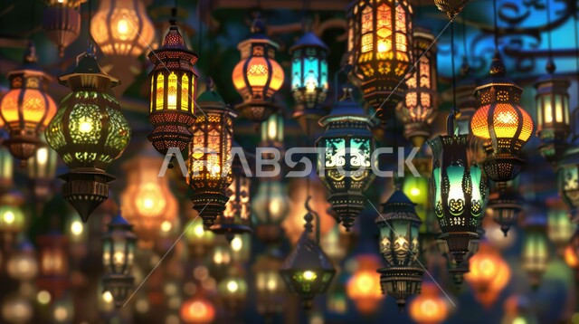 الاحتفال بالأعياد والمناسبات الدينية، تحف واكسسوارات تقليدية، زينة وأنوار الشهر الفضيل، الأجواء الرمضانية الروحانية، فوانيس معدنية مزخرفة معلقة، الاستعداد لاستقبال رمضان المبارك