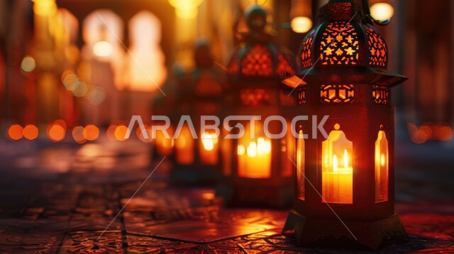 تحف تقليدية للاحتفال بقدوم شهر الخير، فوانيس معدنية مزخرفة مضيئة على الأرض، تصاميم وديكورات على الطراز العربي الإسلامي، الأجواء الرمضانية الروحانية، أنوار ومصابيح عربية تقليدية, مفهوم العبادة والطاعة والتقرب من الله