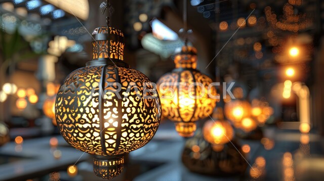 الاحتفال بالأعياد والمناسبات الدينية، تحف واكسسوارات تقليدية، زينة وأنوار الشهر الفضيل، الأجواء الرمضانية الروحانية، فوانيس معدنية مزخرفة معلقة، الاستعداد لاستقبال رمضان المبارك