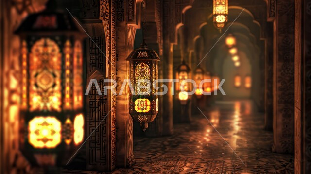 فوانيس معدنية مزخرفة معلقة في ممرات المساجد، الاحتفال بالأعياد والمناسبات الدينية، تحف واكسسوارات تقليدية، زينة وأنوار الشهر الفضيل، الأجواء الرمضانية الروحانية، الاستعداد لاستقبال رمضان المبارك