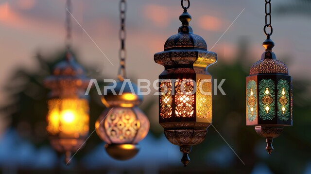 زينة وأنوار الشهر الفضيل، تحف واكسسوارات تقليدية، الأجواء الرمضانية الروحانية، الاحتفال بالأعياد والمناسبات الدينية، خلفيات إسلامية ثلاثية الأبعاد، فوانيس معدنية مزخرفة معلقة، الاستعداد لاستقبال رمضان المبارك