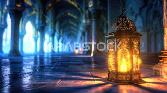 فانوس معدني مزخرف مضيئ على الأرض في إحدى المساجد، تحف تقليدية للاحتفال بقدوم شهر الخير، تصاميم وديكورات على الطراز العربي الإسلامي، الأجواء الرمضانية الروحانية، أنوار ومصابيح عربية تقليدية, مفهوم العبادة والطاعة والتقرب من الله