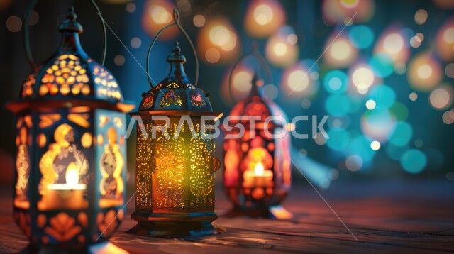 تحف تقليدية للاحتفال بقدوم شهر الخير، فوانيس معدنية مزخرفة مضيئة على الأرض، تصاميم وديكورات على الطراز العربي الإسلامي، الأجواء الرمضانية الروحانية، أنوار ومصابيح عربية تقليدية, مفهوم العبادة والطاعة والتقرب من الله