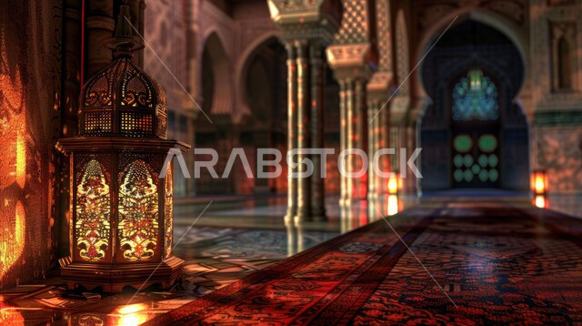 فانوس معدني مزخرف مضيئ على الأرض في إحدى المساجد، تحف تقليدية للاحتفال بقدوم شهر الخير، تصاميم وديكورات على الطراز العربي الإسلامي، الأجواء الرمضانية الروحانية، أنوار ومصابيح عربية تقليدية, مفهوم العبادة والطاعة والتقرب من الله