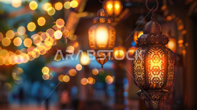 زينة وأنوار الشهر الفضيل، تحف واكسسوارات تقليدية، الأجواء الرمضانية الروحانية، الاحتفال بالأعياد والمناسبات الدينية، فوانيس معدنية مزخرفة معلقة، الاستعداد لاستقبال رمضان المبارك