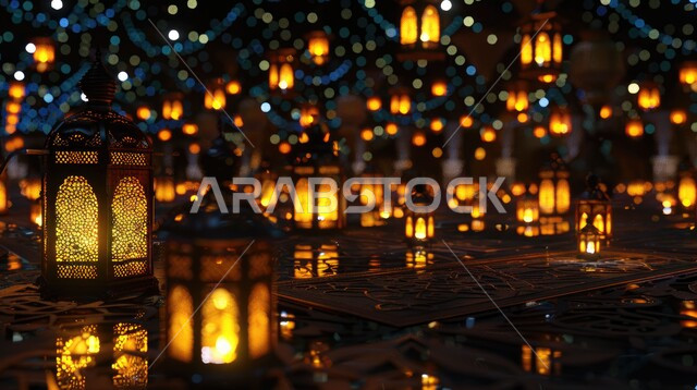 الأجواء الرمضانية الروحانية، زينة وأنوار الشهر الفضيل، فوانيس معدنية مزخرفة مضيئة، الاحتفال بالأعياد والمناسبات الدينية، تحف واكسسوارات تقليدية، الاستعداد لاستقبال رمضان المبارك