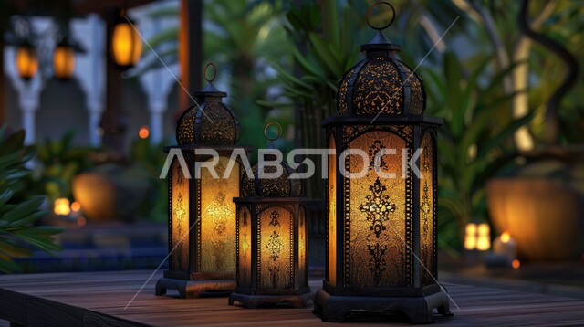 تحف واكسسوارات تقليدية، الاستعداد لاستقبال رمضان المبارك، الأجواء الرمضانية الروحانية، زينة وأنوار الشهر الفضيل، فوانيس معدنية مزخرفة مضيئة على طاولة خشبية، الاحتفال بالأعياد والمناسبات الدينية