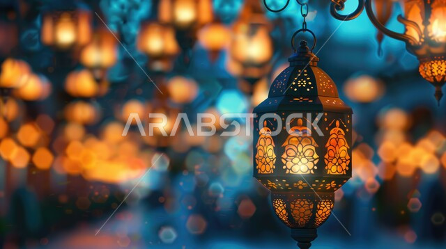 زينة وأنوار الشهر الفضيل، فوانيس معدنية ملونة مزخرفة معلقة في ممرات المساجد، الاحتفال بالأعياد والمناسبات الدينية، تحف واكسسوارات تقليدية، الأجواء الرمضانية الروحانية، الاستعداد لاستقبال رمضان المبارك