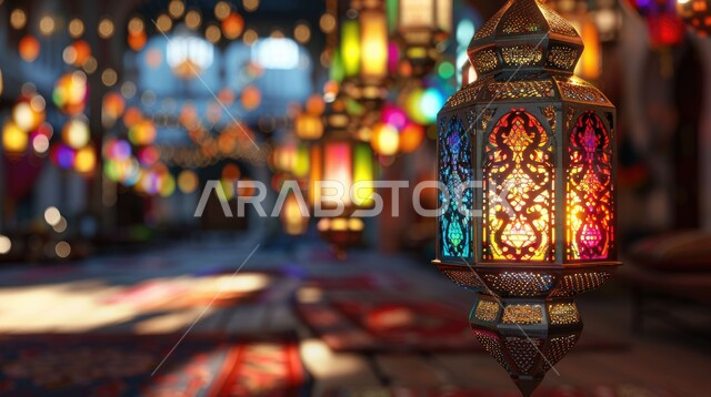 Decorations and lights of the holy month, colorful decorative metal lanterns hung in the corridors of mosques, celebrating religious holidays and occasions, traditional antiques and accessories, the spiritual atmosphere of Ramadan, preparing to welcome the holy month of Ramadan