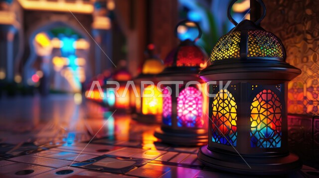 فوانيس معدنية مزخرفة مضيئة على الأرض، تحف تقليدية للاحتفال بقدوم شهر الخير، تصاميم وديكورات على الطراز العربي الإسلامي، الأجواء الرمضانية الروحانية، أنوار ومصابيح عربية تقليدية, مفهوم العبادة والطاعة والتقرب من الله