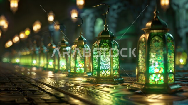 Decorations and lights of the holy month, celebration of religious holidays and occasions, traditional antiques and accessories, preparation for the holy month of Ramadan, spiritual Ramadan atmosphere, illuminated decorative metal lanterns