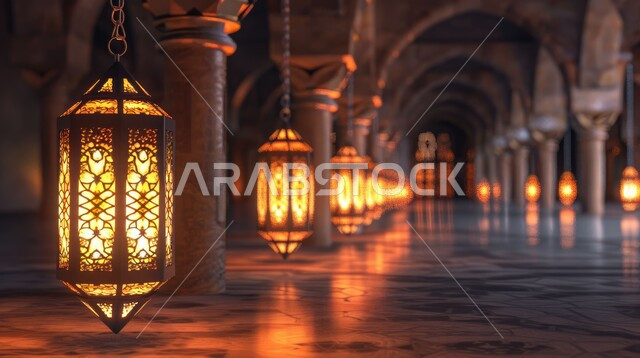 فوانيس معدنية مزخرفة معلقة في ممرات المساجد، الاحتفال بالأعياد والمناسبات الدينية، تحف واكسسوارات تقليدية، زينة وأنوار الشهر الفضيل، الأجواء الرمضانية الروحانية، الاستعداد لاستقبال رمضان المبارك