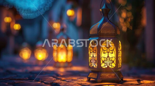 فوانيس معدنية مزخرفة مضيئة على الأرض، تحف تقليدية للاحتفال بقدوم شهر الخير، تصاميم وديكورات على الطراز العربي الإسلامي، الأجواء الرمضانية الروحانية، أنوار ومصابيح عربية تقليدية, مفهوم العبادة والطاعة والتقرب من الله
