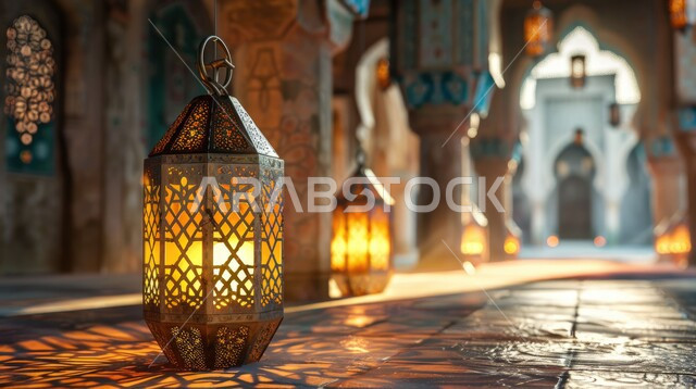 الفن الهندسي المعماري للمساجد السعودية، الأجواء الرمضانية الروحانية، زينة وأنوار الشهر الفضيل، فوانيس معدنية مزخرفة مضيئة على الأرض في ممر المسجد، الاحتفال بالأعياد والمناسبات الدينية، تحف واكسسوارات تقليدية، الاستعداد لاستقبال رمضان المبارك