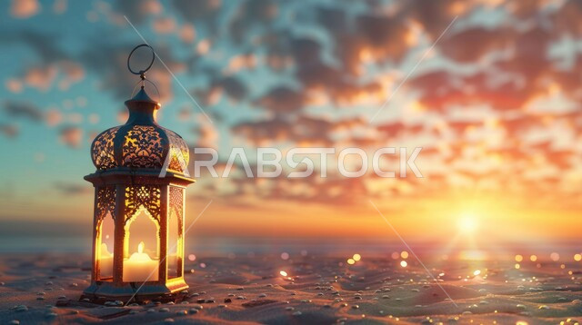 تحف واكسسوارات تقليدية، الاستعداد لاستقبال رمضان المبارك، الأجواء الرمضانية الروحانية، زينة وأنوار الشهر الفضيل، فانوس معدني مزخرف مع شمعة مضيئة على الرمال الذهبية وقت الغروب، الاحتفال بالأعياد والمناسبات الدينية