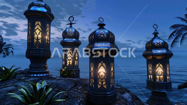 تحف واكسسوارات تقليدية، الاستعداد لاستقبال رمضان المبارك، الأجواء الرمضانية الروحانية، زينة وأنوار الشهر الفضيل، فوانيس معدنية مزخرفة مع شمعة مضيئة على شاطئ البحر، الاحتفال بالأعياد والمناسبات الدينية