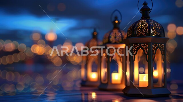 فوانيس معدنية مزخرفة مع شموع مضيئة، الاستعداد لاستقبال رمضان المبارك، زينة وأنوار الشهر الفضيل، الاحتفال بالأعياد والمناسبات الدينية، تحف واكسسوارات تقليدية، الأجواء الرمضانية الروحانية