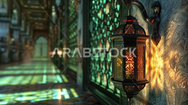 Preparing for the holy month of Ramadan, traditional antiques and accessories, a decorative illuminated metal lantern hanging in a mosque corridor, decorations and lights of the holy month, celebrating religious holidays and occasions, the spiritual atmosphere of Ramadan