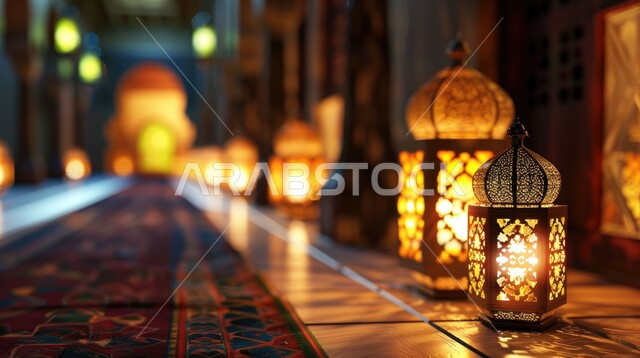 تحف واكسسوارات تقليدية، فوانيس معدنية مزخرفة مضيئة، الاستعداد لاستقبال رمضان المبارك، زينة وأنوار الشهر الفضيل، الاحتفال بالأعياد والمناسبات الدينية، الأجواء الرمضانية الروحانية