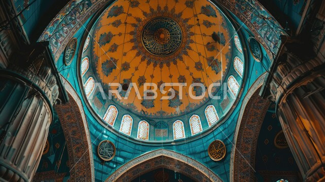 الفن الهندسي المعماري لمسجد عربي عريق، النقوش والزخارف بالفسيفساء على الجدران الداخلية للقبب والأعمدة، مفهوم العبادة والتقرب إلى الله تعالى، التصاميم والديكورات الداخلية الأنيقة للمساجد في المملكة العربية السعودية