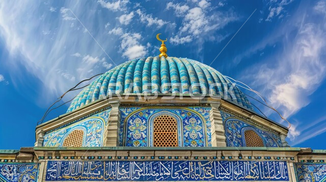 Calling Muslims to perform their religious duties, worship and draw closer to God, architectural engineering art of building mosques in the Kingdom of Saudi Arabia, modern exterior decorations and designs for building a mosque in blue, sacred Islamic places, engraving verses of the Holy Quran on domes