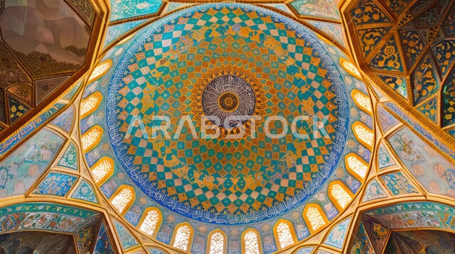 التصاميم والديكورات الداخلية الأنيقة للمساجد في المملكة العربية السعودية، مفهوم العبادة والتقرب إلى الله تعالى، النقوش والزخارف على الجدران الداخلية للقبب والأقواس، الفن الهندسي المعماري لمسجد عربي عريق باللون الأزرق والذهبي