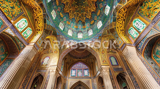 التصاميم والديكورات الداخلية الأنيقة للمساجد في المملكة العربية السعودية، مفهوم العبادة والتقرب إلى الله تعالى، النقوش والزخارف على الجدران الداخلية للقبب والأقواس، الفن الهندسي المعماري لمسجد عربي عريق باللون الأزرق والذهبي