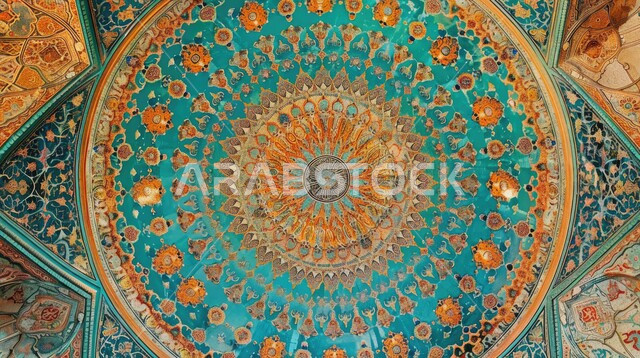 التصاميم والديكورات الداخلية الأنيقة للمساجد في المملكة العربية السعودية، مفهوم العبادة والتقرب إلى الله تعالى، النقوش والزخارف على الجدران الداخلية للقبب والأقواس، الفن الهندسي المعماري لمسجد عربي عريق باللون الأزرق والذهبي